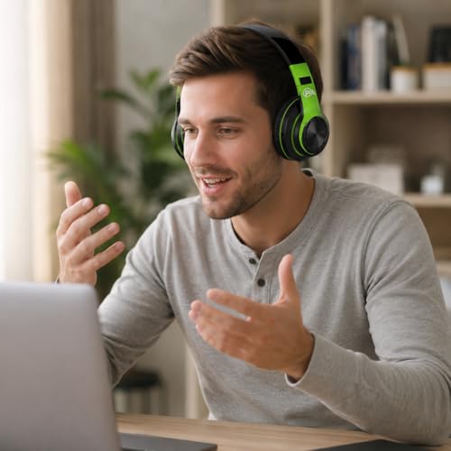 Gaming Headphones, Wireless Bluetooth Over-Ear, Black with Color Accents, Built-in Mic, HiFi Stereo Sound, Foldable Design-Gaming Headset (Green) - color: Green