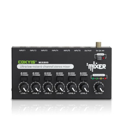 COKYIS Mini Audio Mixer, 6-Channel Stereo Line Mixer for Precision Sub-Mixing, with Ultra Low-Noise Operation, Independent Microphone Control, 1/4" TRS Input/Output-for Guitars, Bass, Stage Mixer