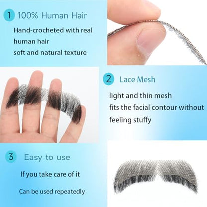 Hand-Tied Human Hair Fake Beard and Mustache for Costumes and Theater | Hand-knotted human hair on lightweight lace creates natural-looking facial hair for costumes, cosplay, theater and film - color: Style 4--black