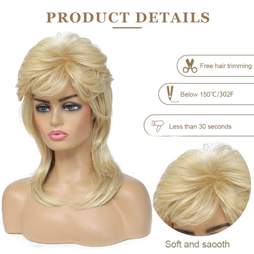 Airhostess Mullet Wig for Women 80s 90s Costumes Fancy Party Accessory Halloween Hair Wig(Light Blonde) - color: 2057-Light Blonde