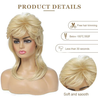 Mullet Wig, Retro Rocker Style Wig, 80s & 90s Costume Glam Party Accessory, Ideal for Halloween and Cosplay(Light Blonde) - color: w57-Light Blonde