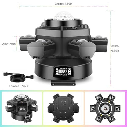 Moving Head DJ Light for Party 150W 6-Arm Remote Control | Disco Ball, LED RGB Ring, Red Green Starry, Strobe Multi Effects. DMX512 Sound Activated. For Stage, Wedding, Club, Events