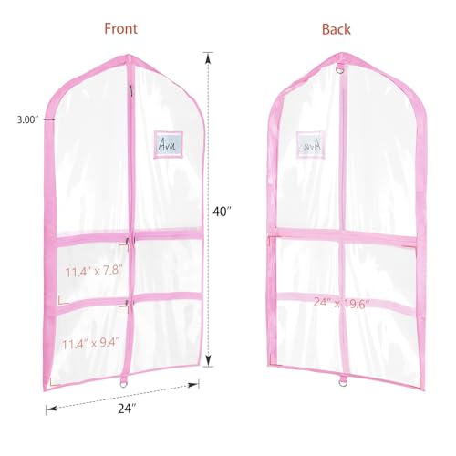 Univivi 40 Inch Dance Costume Garment Bags for Dancers, Clear Pink, 6 Pack | Breathable Fabric, PVC Window, 4 Clear and 1 Back Zip Pocket, Upgraded Version, Foldable Dance Costume Garment Bag - color: 40"Clear Pink, size: 6 Pack