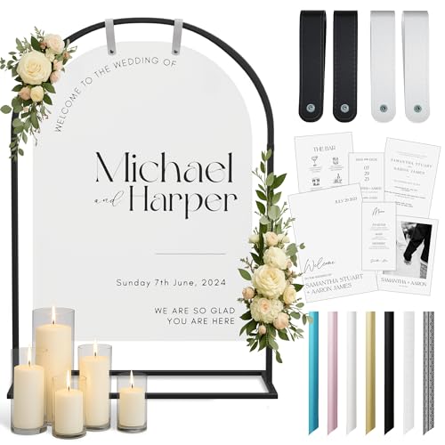 Arch Wedding Welcome Sign Stand with Holder - Elegant Metal Easel Display for Seating Chart, Reception Signs, Welcome Board - 30+ Customizable designs for Baby, Bridal Shower - Versatile Party Sign Holder - color: Black Arch V2