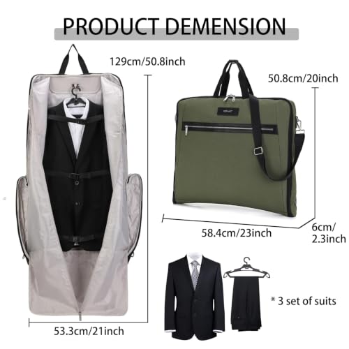 BESMART Garment Bags for Travel, 51" Large Suit Bag for Business Trips | Waterproof,Hangs 3 Suits,Foldable,Wrinkle Free Spacious Luggage Suit Cover,Adjustable Strap,Carry On Flight Approved,Green - color: Green