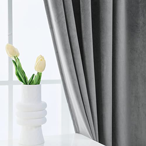 PLEASANT BOULEVARD Grey Velvet Curtains 63 inch Long Heavyweight Blackout Curtains Rod Pocket Thermal Insulated Darkening Window Drapes for Bedroom Living Room, W52 x L63, 2 Panels - color: Grey, size: 52"W x 63"L (Pack of 2)