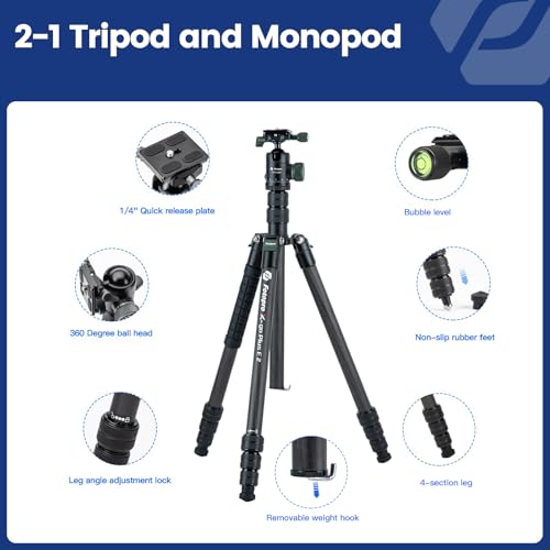 Fotopro 73" Carbon Fiber Tripod for Camera Compact Travel Tripod with Ball Head Detachable Monopod with Quick Release Plate and Camera Bag Load up to 22lbs/10KG X-Go Plus E2 Green - color: 73'' Green