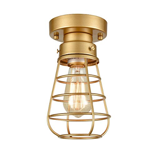 Industrial Farmhouse Flush Mount Ceiling Light, Gold Metal Cage | Vintage Rustic Mini Close to Ceiling Light Fixture, For Kitchen Hallway Entryway Entrance Stairway Laundry Room - color: Gold