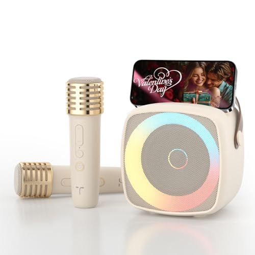 Voice Changer Karaoke Machine with 2 Microphones, Wireless Bluetooth Speaker for Home Party, Portable Mic Set for Kids Adults, Dynamic Lights & Phone Holder - color: Milky White