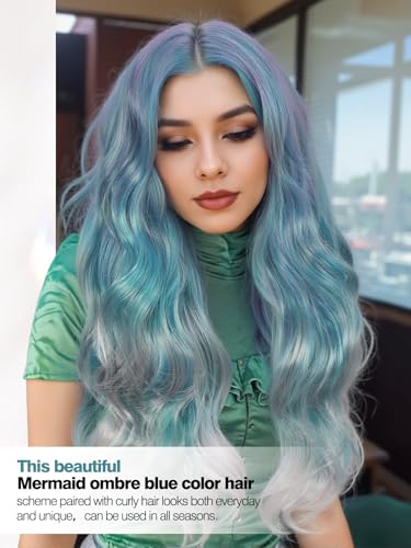 Quantum Love Long Curly Ombre Blue Wig for Women Long Wavy Bluish Green Wigs 28inch Natural Looking Synthetic Colorful Hair for Cosplay Halloween DailyParty Use - color: Ombre Blue