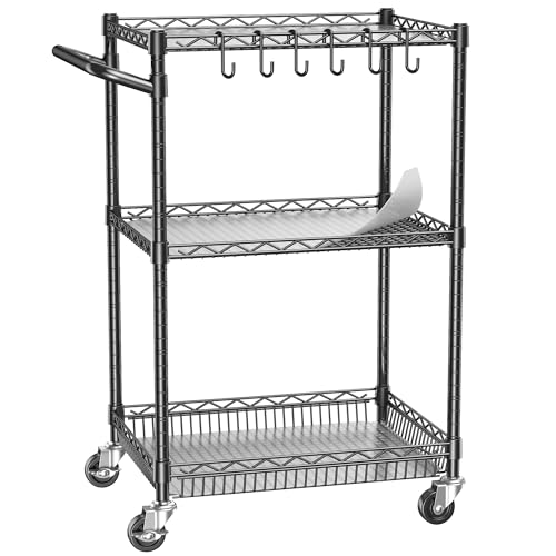 3 Tier Rolling Utility Metal Carts with Wheels Heavy Duty Cart 750Lbs | Adjustable Kitchen Storage Organizer Cart with Handle & Shelf Liner Commercial Grade Trolley for Indoor & Outdoor Use - color: Black（18d X 28w X 37h, 750lb）