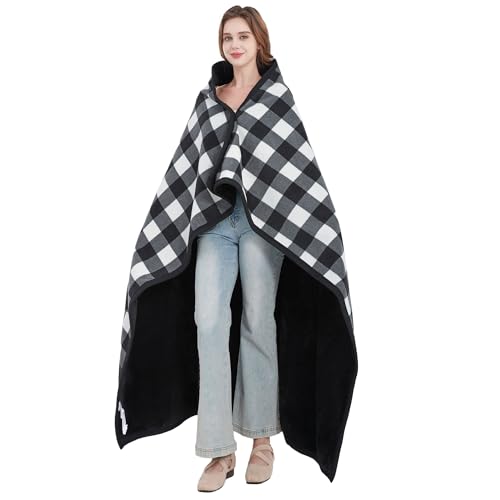 forestfish Fleece Wearable Blanket Oversized, Comfy Lightweight Lap Blanket Poncho Throw with Buttons, 63“x 55”(Black) - color: Black, size: Large(63"x55")