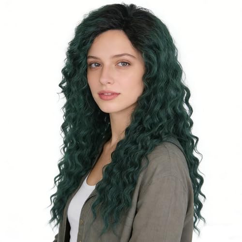 Long Curly Wigs for Women Deep Emerald Green Ombre Wig with Fluffy Hairline - color: Ombre Green