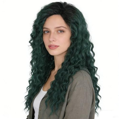 Long Curly Wigs for Women Deep Emerald Green Ombre Wig with Fluffy Hairline - color: Ombre Green