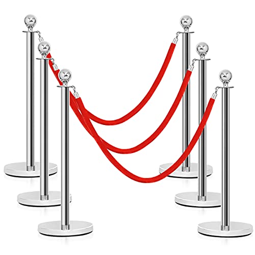 Casart 6PCS Stainless Steel Stanchion Post Set with Round Top and Red Velvet Rope