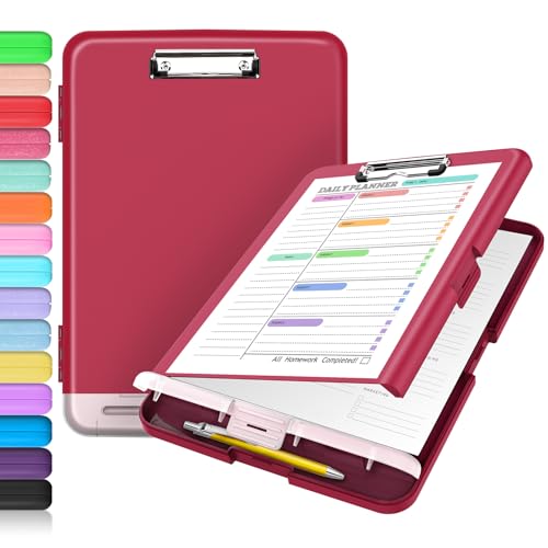 Sooez Clipboard with Storage, Clip Board 8.5 x 11 with Pen Holder, Plastic Organization Case Box for Letter Legal A4 Size Paper, Low Profile Clip, Nurses Teachers Must Haves, School & Office Supplies - color: Berry Red