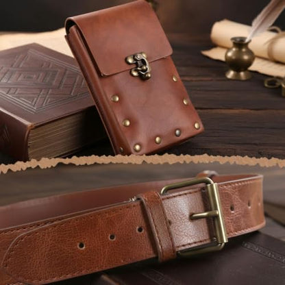 Renaissance Belt Pouch Set with Wreath - Renaissance Accessories with Pirate Belt Pouch for Halloween Cosplay & LARP - color: Brown-a
