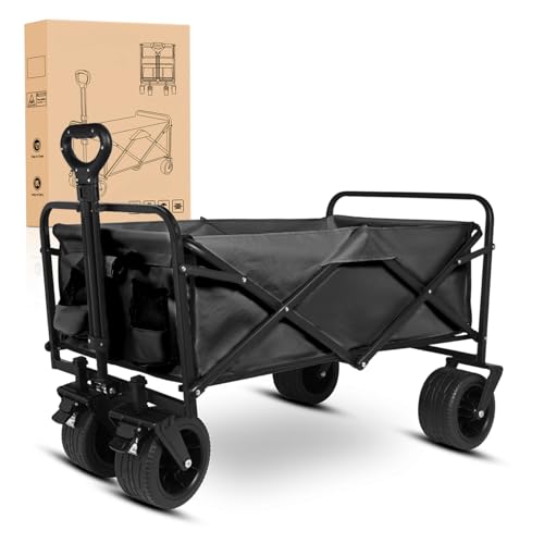Yesker Foldable Wagon - 300lbs Collapsible Garden Carts with All Terrain Wheels for Outdoor Camping Sports Shopping Gardening - Heavy Duty Portable Utility Trolley (Black) - color: Black, size: 35*22*18"