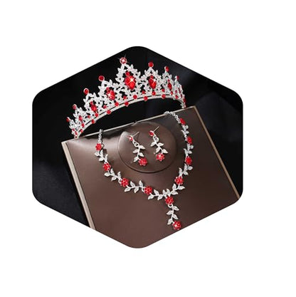 Kamirola Tiaras and Crowns for Women,Tiaras Earrings Necklace, Crystal Bridal Jewelry Set, Costume Party Halloween Prom Pageant Jewelry for Women(TR45) - color: Silver Red