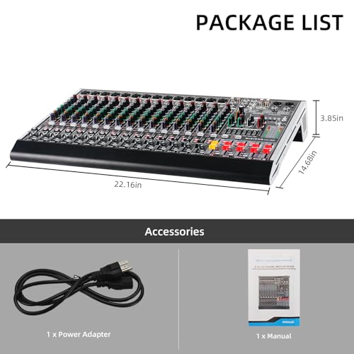 16 Channel Audio Mixer Professional Sound Mixing Board with 99 DSP Effects, 7-band EQ Digital DJ Mixer Console w/USB Bluetooth MP3 for Recording, Independent 48V Power & Mute Button - size: 16 Channel - 22.1inch