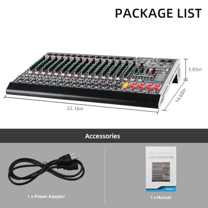 16 Channel Audio Mixer Professional Sound Mixing Board with 99 DSP Effects, 7-band EQ Digital DJ Mixer Console w/USB Bluetooth MP3 for Recording, Independent 48V Power & Mute Button - size: 16 Channel - 22.1inch