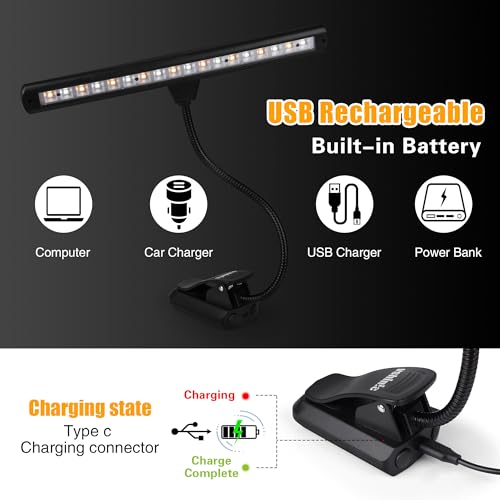 Clip On Music Stand Light,18LED Rechargeable Piano Light, Orchestra Light 3 Colors & 2 Levels Brightness Settings,Perfect for Piano, Keyboard,Orchestra,DJ,Craft and Reading