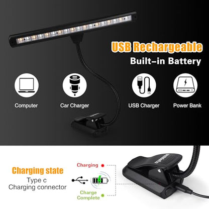 Clip On Music Stand Light,18LED Rechargeable Piano Light, Orchestra Light 3 Colors & 2 Levels Brightness Settings,Perfect for Piano, Keyboard,Orchestra,DJ,Craft and Reading