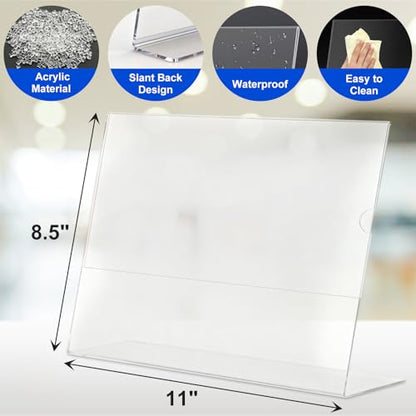 Acrylic Sign Holder 8.5 x 11 Horizontal , Clear Plastic Display Stand for Tabletop, Acrylic Stands for Flyers, Table Paper Holder, Vertical Sign Holder 8.5x11 for Restaurants, Office and School (Slant 6 Pack 11x8.5) - size: Slant 6 Pack 11x8.5