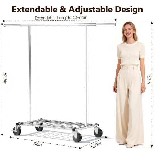 Heavy Duty Clothes Rack, Rolling Clothing Rack Load 420 LBS, Silver | Heavy Duty Clothing Rack for Hanging Clothes with Lockable Wheels & Shelves, Garment Rack for Bedroom Closet Laundry - color: Silver