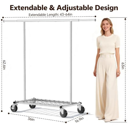 Heavy Duty Clothes Rack, Rolling Clothing Rack Load 420 LBS, Silver | Heavy Duty Clothing Rack for Hanging Clothes with Lockable Wheels & Shelves, Garment Rack for Bedroom Closet Laundry - color: Silver