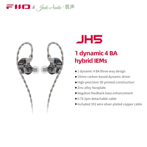 FiiO/JadeAudio JH5 1DD+4BA Hybrid 5 Drivers HiFi in-Ear Monitors Earphone, Detachable 0.78mm 2 Pin Cable 3.5mm Plug for Audiophile/Musician (Black) - color: Black