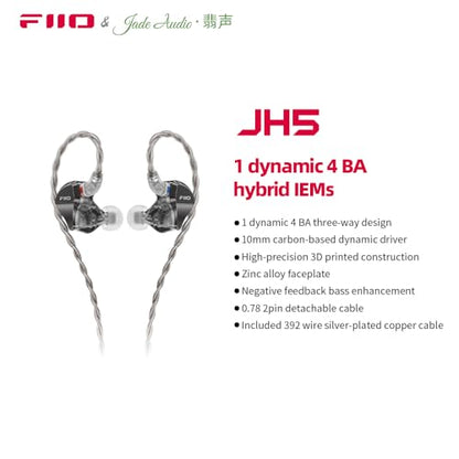 FiiO/JadeAudio JH5 1DD+4BA Hybrid 5 Drivers HiFi in-Ear Monitors Earphone, Detachable 0.78mm 2 Pin Cable 3.5mm Plug for Audiophile/Musician (Black) - color: Black