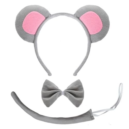 3Pcs Mouse Ears Headband Costume Accessories Set, Grey Rat Ears Headband, Bow Tie and Rat Tail Animal Fancy Dress for Women Men Halloween Christmas Cosplay Party Supplies