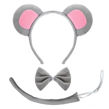 3Pcs Mouse Ears Headband Costume Accessories Set, Grey Rat Ears Headband, Bow Tie and Rat Tail Animal Fancy Dress for Women Men Halloween Christmas Cosplay Party Supplies
