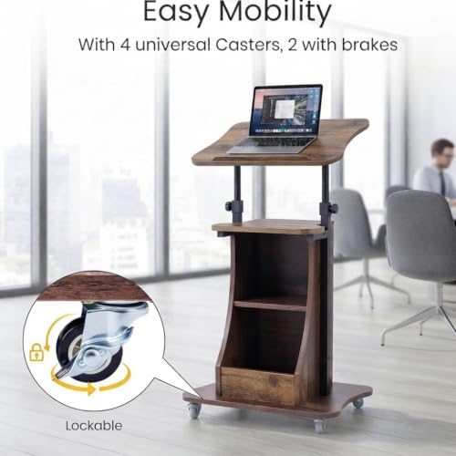 POWERSTONE 2PCS Sit to Stand Mobile Lectern Podium Stand Rustic Brown - color: Rustic Brown, size: 2 pack