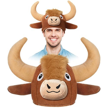 Highland Cow Head Plush Hat for Women Highland Cow Gift | Soft Plush Headwear with Horns, Ears, Halloween Themed Parties, Dress up Accessories, Photo Booth Fun, Unique Gift Idea