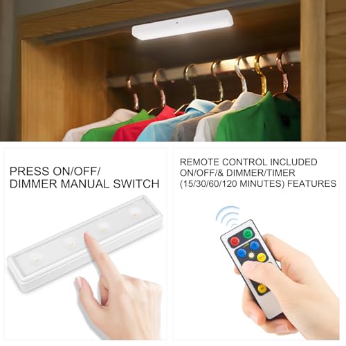 BIGMONAT Under Cabinet Lighting Wireless, Battery Operated Lights with Remote, 3000K Warm White Dimmable Push Light,80 Lumen Stick-On LED Lighting Bar for Shelf, Kitchen, Hallway, Pantry 4Pack - color: WHITE -4PK