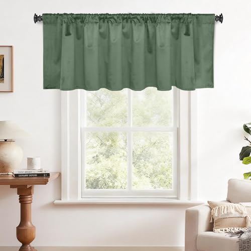 Yakamok Sage Green Room Darkening Velvet Curtains 52x18 Inch Living Room | Luxury soft velvet, 1 panel , for bedroom small windows, window drapes rod pocket,light blocking,Thermal Insulated - color: Sage Green, size: 52"W x 18"L (Pack of 1)