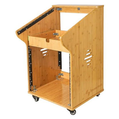 Sound Town DIY Solid Carbonized Bamboo Recording Studio Rack with 11U Slant Mixer Top, 10U Front, 2U Drawer, Rubber Feet, Casters, for Recording Room, PA/DJ Equipment, Home-Audio (STBR-M11X10) - size: 10U w/ Mixer Top, 2U Drawer