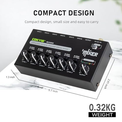 COKYIS Mini Audio Mixer, 6-Channel Stereo Line Mixer for Precision Sub-Mixing, with Ultra Low-Noise Operation, Independent Microphone Control, 1/4" TRS Input/Output-for Guitars, Bass, Stage Mixer