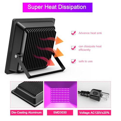 150W LED Black Light with Glow Tapes, 410nm UV Flood Lights with 10ft Cable & Plug, IP66 Waterproof, for Halloween Glow Party, Stage, Aquarium, Body Paint, Fluorescent Poster, 120V