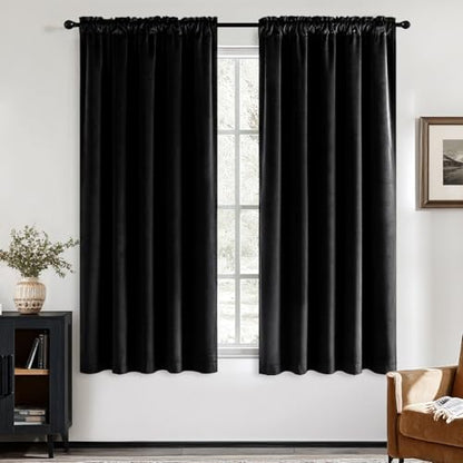 MIULEE Black Velvet Blackout Curtains 63 Inch Long 2 Panels, W40 x L63 | Luxury Super Soft, Thermal Insulated, Room Darkening Drapes, Rod Pocket Design, Window Curtains for Bedroom Living Room - color: Black, size: 40"W x 63"L (Pack of 2)