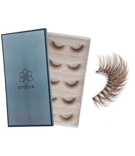 DYSILK Brown Fluffy Eyelashes, 9-16mm 3D Densely Volume Lashes Brown-01 | 5 Pairs Sun-Kissed Cat Eye Lashes, Soft Glam Faux Mink Lashes, Trimmable, Ultra-Fine Clear Band, for Blondes & Light Hair - color: Brown-01