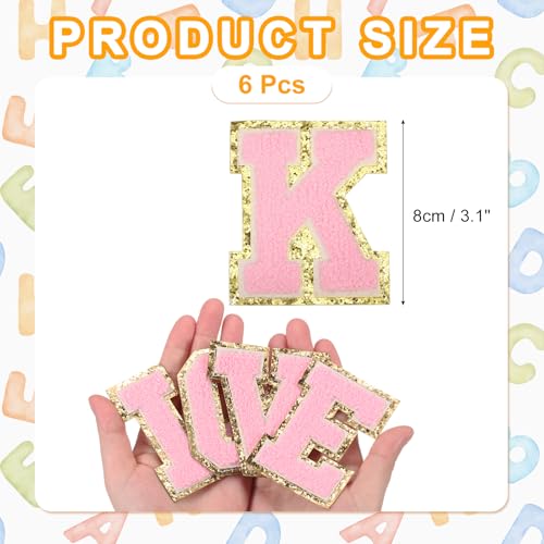MECCANIXITY Chenille Letter Patches 3.1" Alphabet K Iron on Embroidered Patch Sew on Letter Stickers Applique for Repairing Clothing Jeans Shoes Hats DIY(Pink, Pack of 6) - style: Letter-K
