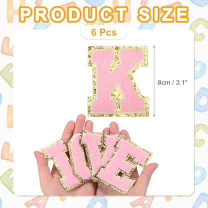 MECCANIXITY Chenille Letter Patches 3.1" Alphabet K Iron on Embroidered Patch Sew on Letter Stickers Applique for Repairing Clothing Jeans Shoes Hats DIY(Pink, Pack of 6) - style: Letter-K