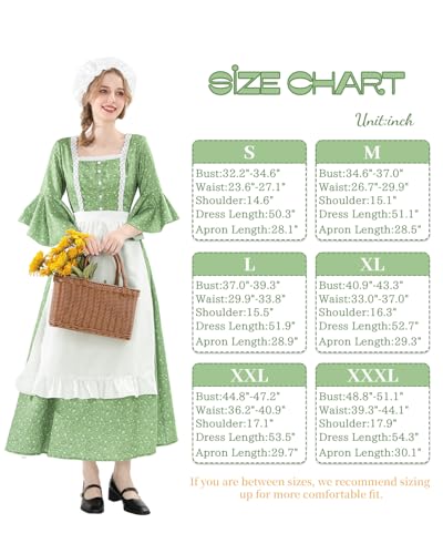 NSPSTT Prairie Dress Women Pioneer Dress Colonial Costume - color: Green Printing, size: Small