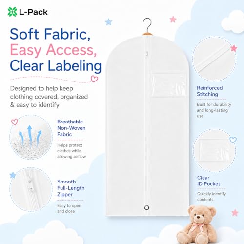 Kids Garment Bag with Clear Window, Hanging Clothes Storage Cover for Dresses, Suits & Dance Costumes, Breathable Travel Bag for Baby Toddler Child, 30" x 18", White, Pack of 1 - color: White