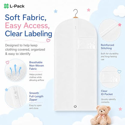 Kids Garment Bag with Clear Window, Hanging Clothes Storage Cover for Dresses, Suits & Dance Costumes, Breathable Travel Bag for Baby Toddler Child, 30" x 18", White, Pack of 1 - color: White