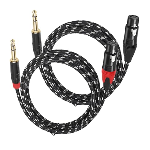XLR Female to 1/4 (6.35mm) TRS Mono Jack Microphone Cable, 10 FT , 2 Pack, Black and White Grid Protective Layer, Balanced 3 Pin XLR to Quarter inch TRS Plug Mic Cord, Pure Copper Conductor and Plated - size: 10 FT 2 Pack, style: B/W 6.35 to XLR Female