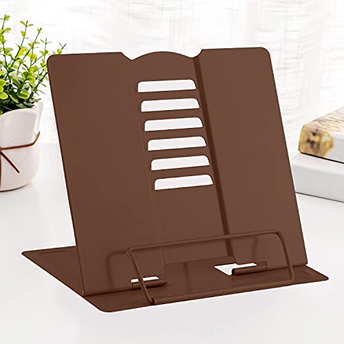 MSDADA Desk Book Stand Metal Reading Rest Book Holder Adjustable | Cookbook Documents Holder Portable Sturdy Bookstands for Recipes Textbooks Tablet Music Books with Page Clips (Brown) - color: Brown